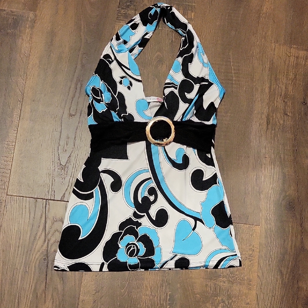 Body Central Halter Top with Black, White, and Blue Design